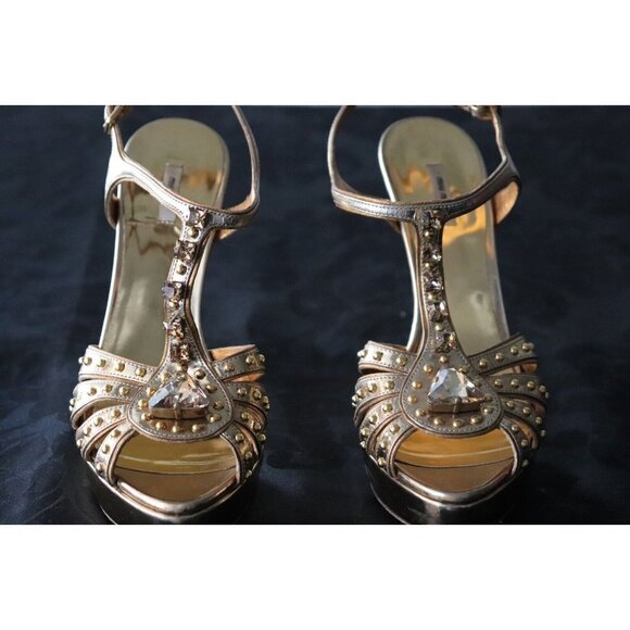 Miu Miu Womens Size 37 Gold Studded Sandals Open Toe Crystal Strap Stiletto Heel - Picture 3 of 12
